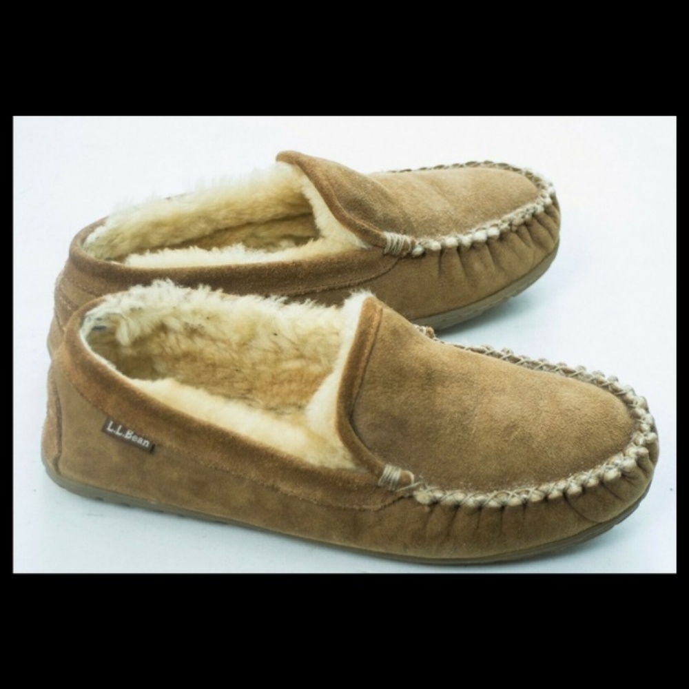 LL Bean Brown Leather Faux Fur Lined Slip On Mocca